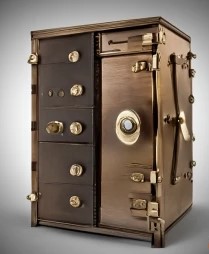 un coffre-fort traditionnel symbolisant la protection du capital, entouré d'éléments graphiques représentant la croissance potentielle des investissements.